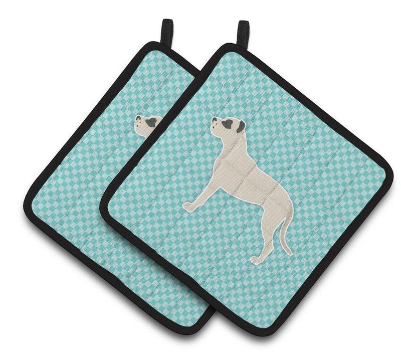 Dogo Argentino Checkerboard Blue Pair of Pot Holders BB3767PTHD