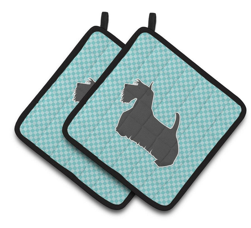 Scottish Terrier Checkerboard Blue Pair of Pot Holders BB3769PTHD