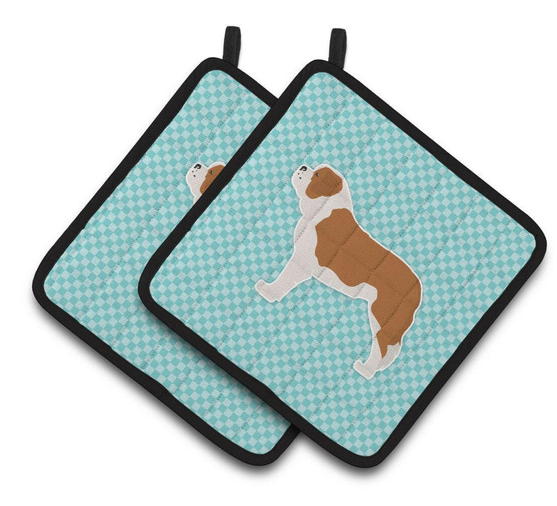 Saint Bernard Checkerboard Blue Pair of Pot Holders BB3776PTHD