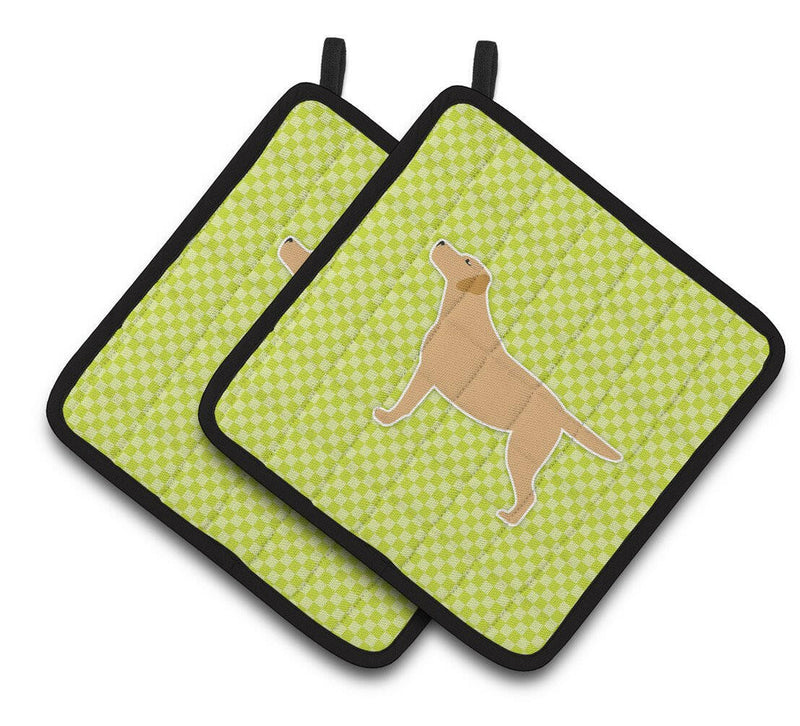 Yellow Labrador Retriever Checkerboard Green Pair of Pot Holders BB3797PTHD