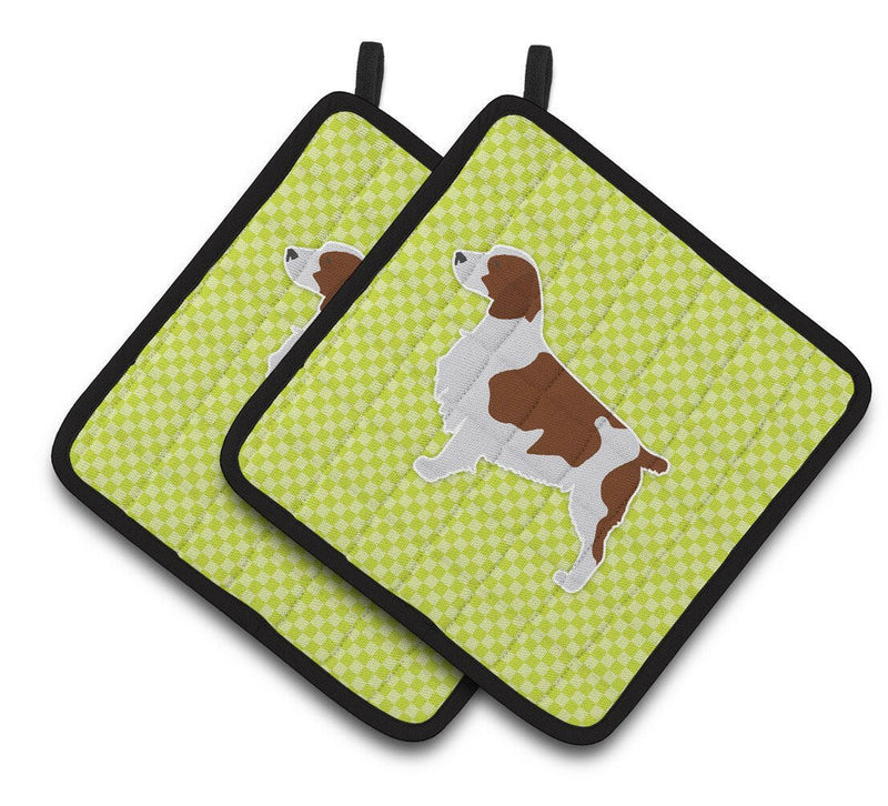 Welsh Springer Spaniel Checkerboard Green Pair of Pot Holders BB3800PTHD