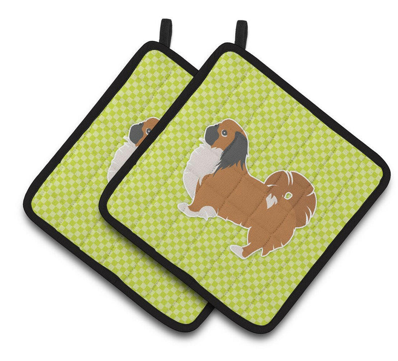 Pekingese Checkerboard Green Pair of Pot Holders BB3838PTHD