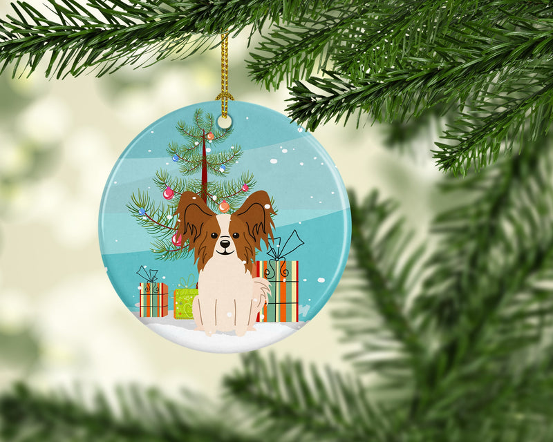 Merry Christmas Tree Papillon Red White Ornament - Round Ceramic Ornament – Artist-Designed Keepsake Decoration BB4203CO1