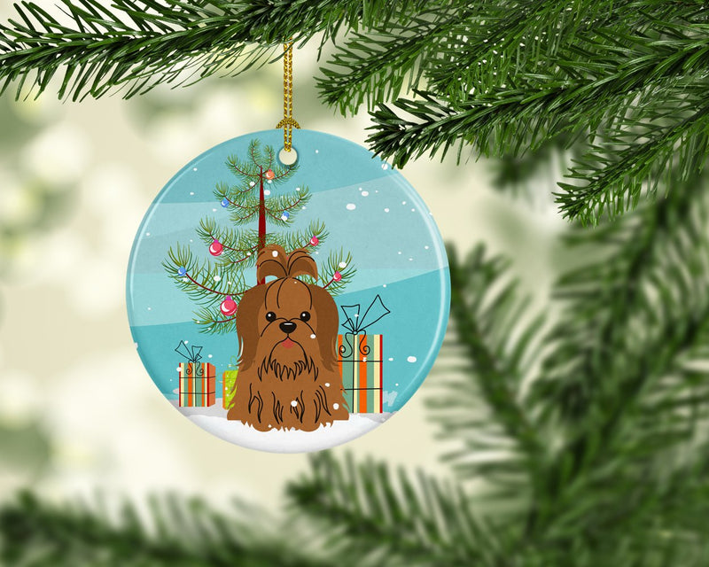 Merry Christmas Tree Shih Tzu Silver Chocolate Ornament - Round Ceramic Ornament – Artist-Designed Keepsake Decoration BB4211CO1