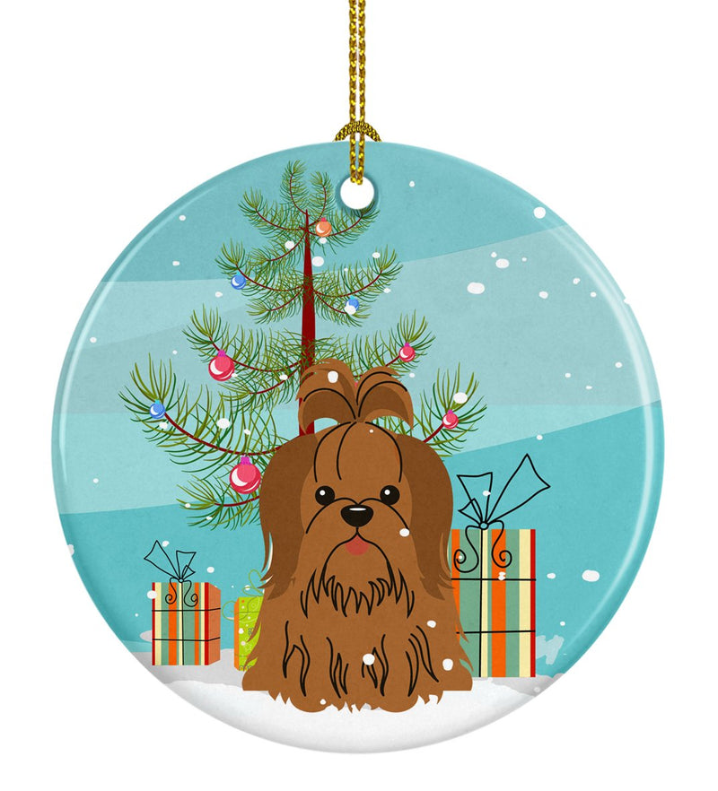Merry Christmas Tree Shih Tzu Silver Chocolate Ornament - Round Ceramic Ornament – Artist-Designed Keepsake Decoration BB4211CO1