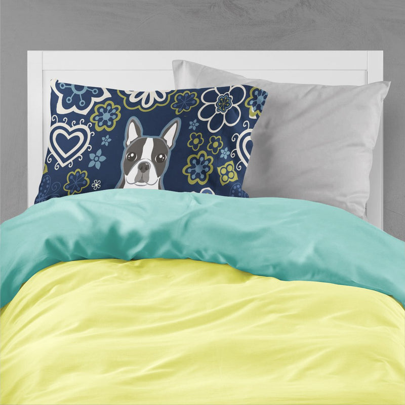 Blue Flowers Boston Terrier Fabric Standard Pillowcase – Artistic Decorative Front, White Back BB5054PILLOWCASE