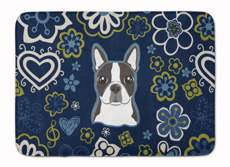 Blue Flowers Boston Terrier Machine Washable Memory Foam Mat BB5054RUG