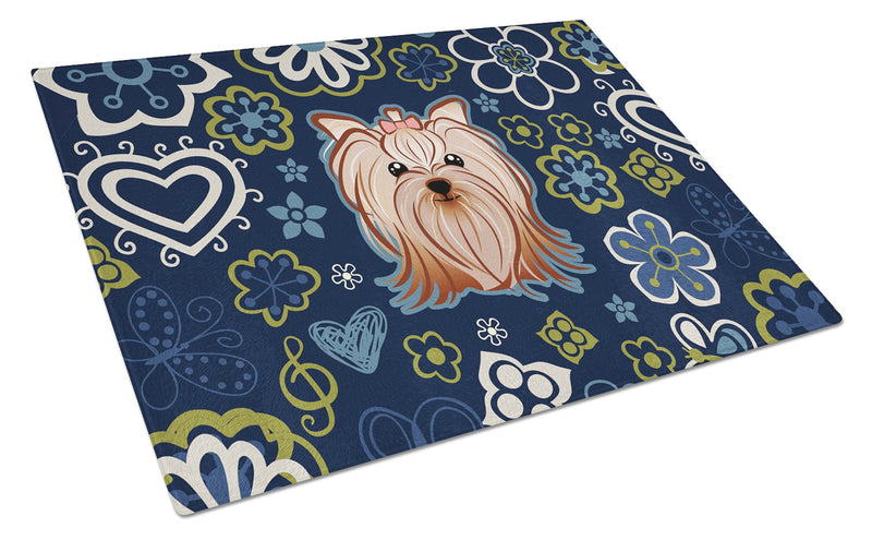 Blue Flowers Yorkie Yorkishire Terrier Glass Cutting Board Large BB5055LCB