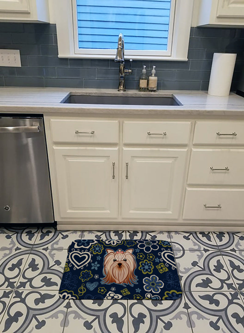 Blue Flowers Yorkie Yorkishire Terrier Machine Washable Memory Foam Mat BB5055RUG