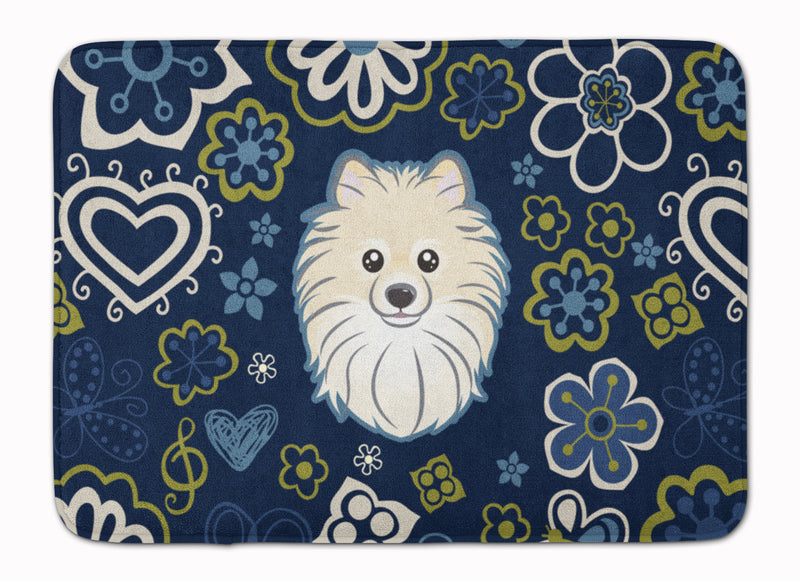 Blue Flowers Pomeranian Machine Washable Memory Foam Mat BB5058RUG