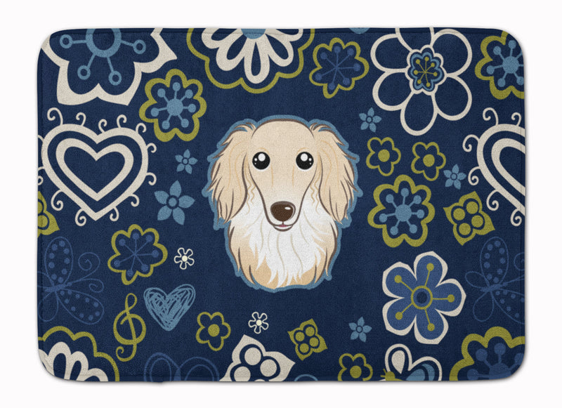 Blue Flowers Longhair Creme Dachshund Machine Washable Memory Foam Mat BB5063RUG