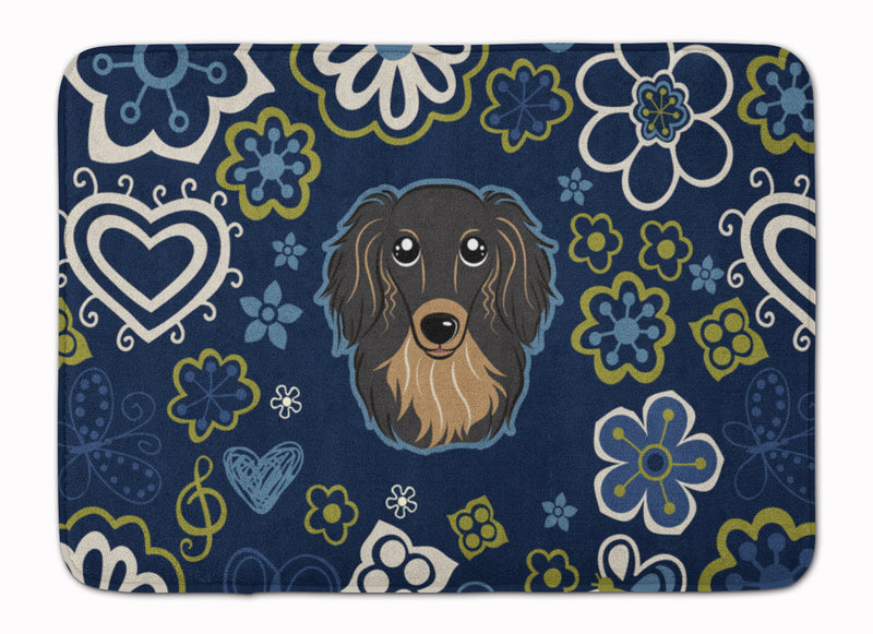 Blue Flowers Longhair Black and Tan Dachshund Machine Washable Memory Foam Mat BB5064RUG