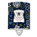 Blue Flowers White English Bulldog  Ceramic Night Light BB5071CNL