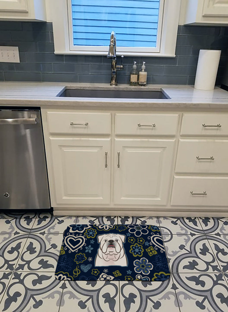 Blue Flowers White English Bulldog Machine Washable Memory Foam Mat BB5071RUG