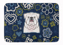 Blue Flowers White English Bulldog Machine Washable Memory Foam Mat BB5071RUG