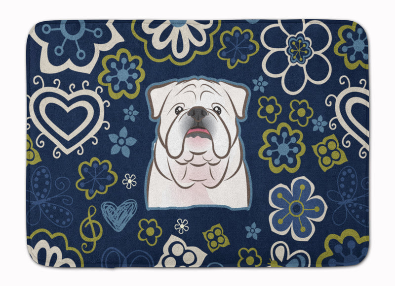 Blue Flowers White English Bulldog Machine Washable Memory Foam Mat BB5071RUG