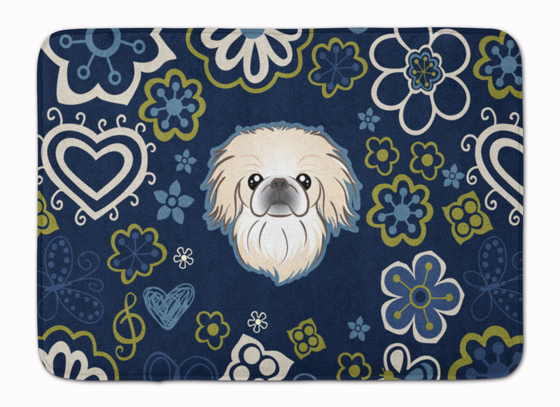 Blue Flowers Pekingese Machine Washable Memory Foam Mat BB5072RUG