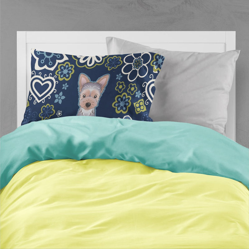 Blue Flowers Yorkie Puppy Fabric Standard Pillowcase – Artistic Decorative Front, White Back BB5083PILLOWCASE