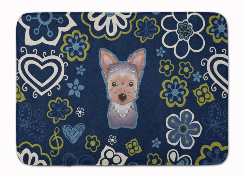 Blue Flowers Yorkie Puppy Machine Washable Memory Foam Mat BB5083RUG