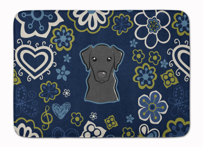 Blue Flowers Black Labrador Machine Washable Memory Foam Mat BB5086RUG