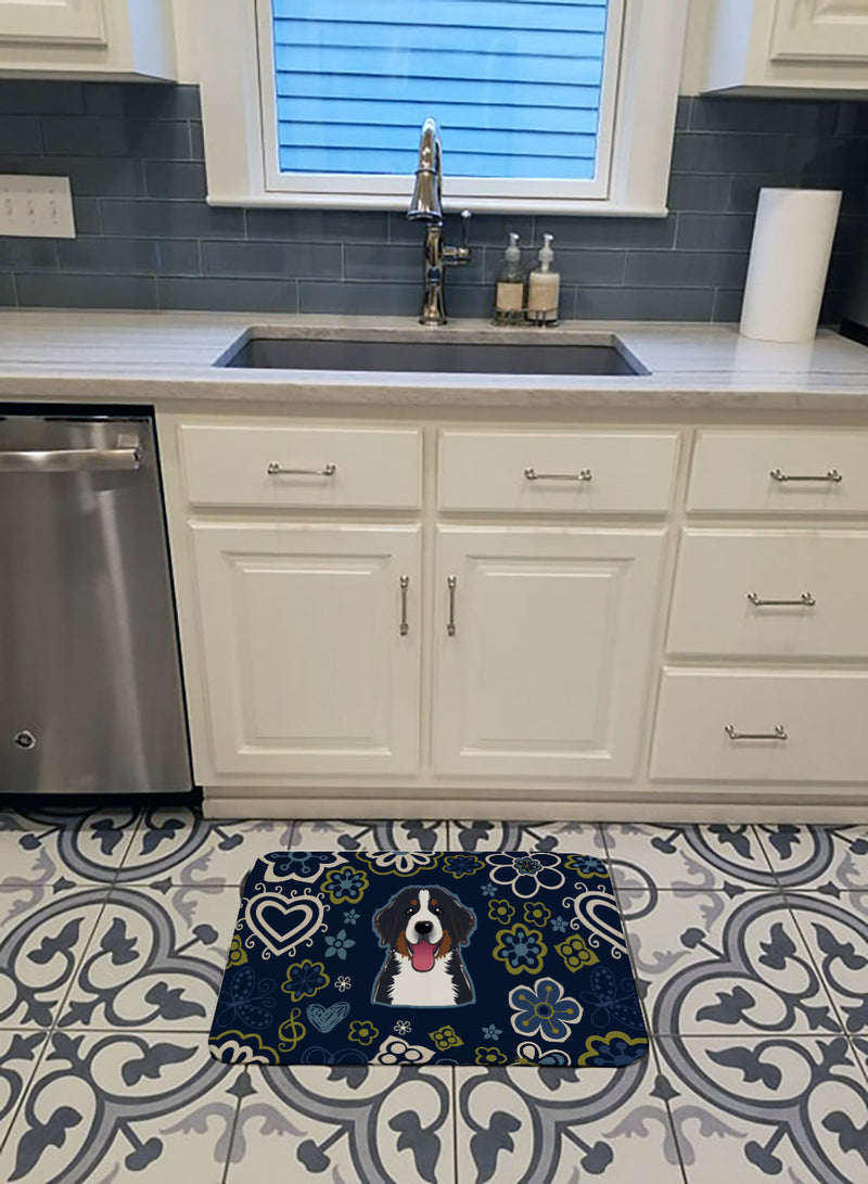 Blue Flowers Bernese Mountain Dog Machine Washable Memory Foam Mat BB5088RUG