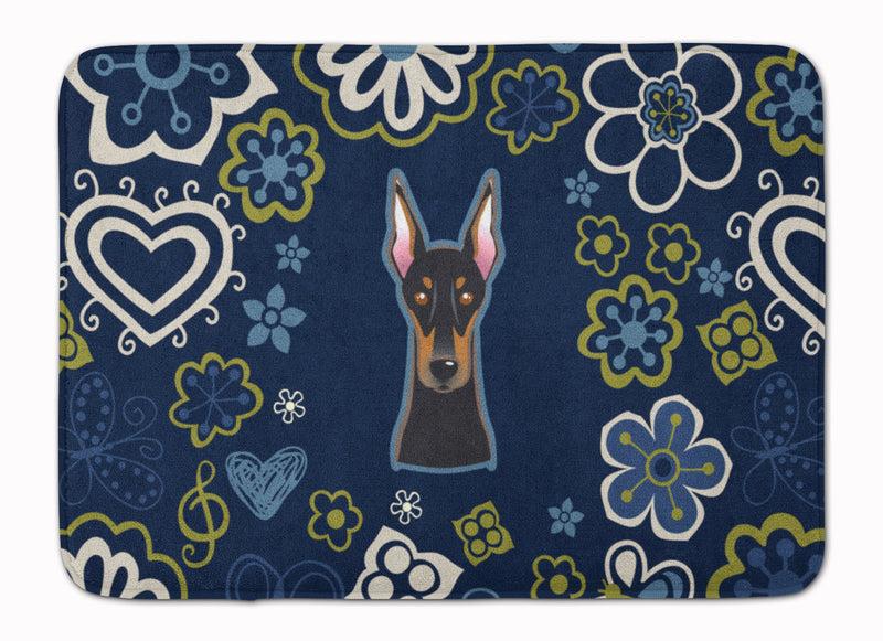 Blue Flowers Doberman Pinscher Machine Washable Memory Foam Mat BB5096RUG