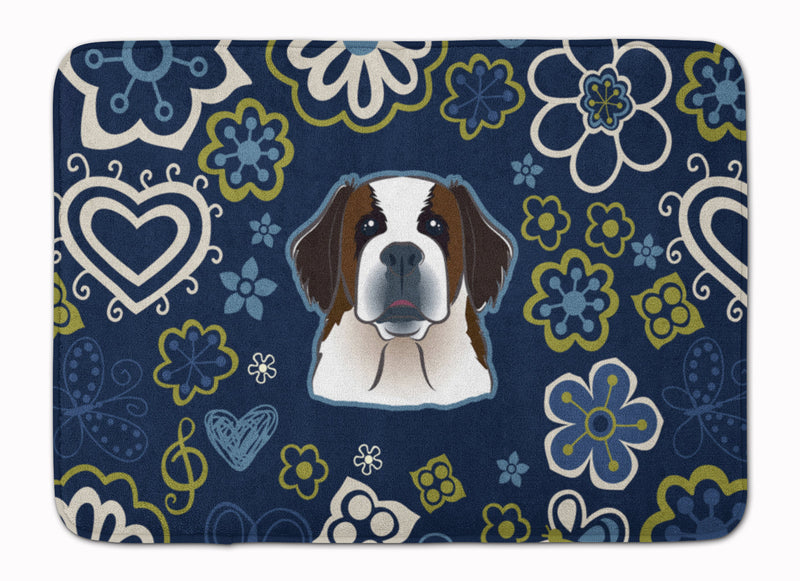 Blue Flowers Saint Bernard Machine Washable Memory Foam Mat BB5097RUG