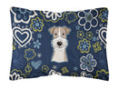 Blue Flowers Wire Haired Fox Terrier Canvas Fabric Decorative Pillow BB5098PW1216