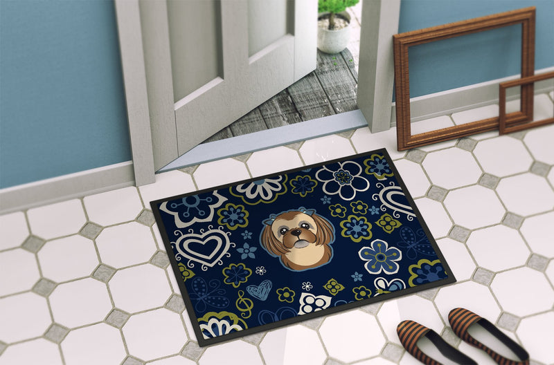 Blue Flowers Chocolate Brown Shih Tzu Indoor or Outdoor Mat 24x36 BB5100JMAT