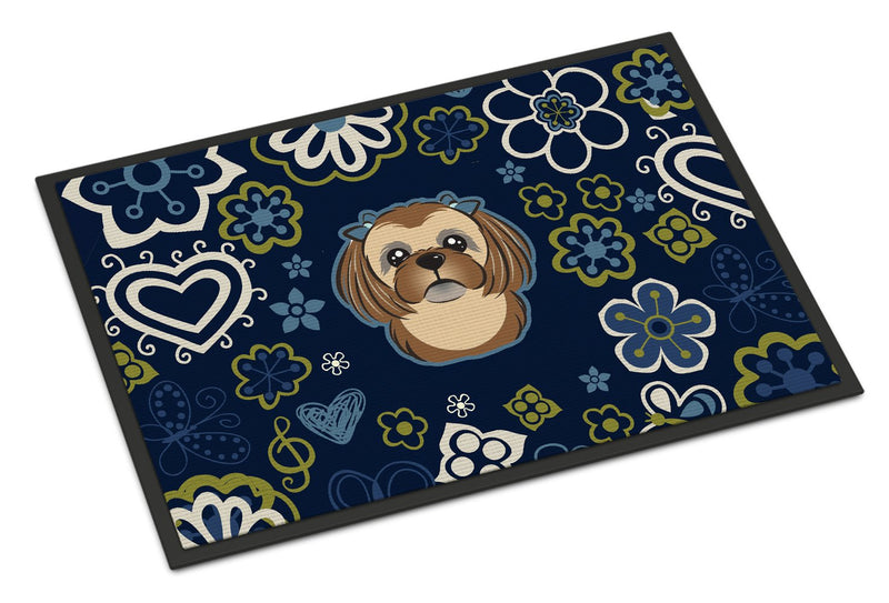 Blue Flowers Chocolate Brown Shih Tzu Indoor or Outdoor Mat 24x36 BB5100JMAT