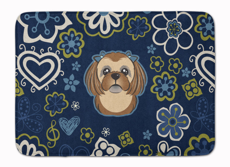 Blue Flowers Chocolate Brown Shih Tzu Machine Washable Memory Foam Mat BB5100RUG