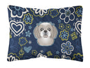 Blue Flowers Gray Silver Shih Tzu Canvas Fabric Decorative Pillow BB5101PW1216