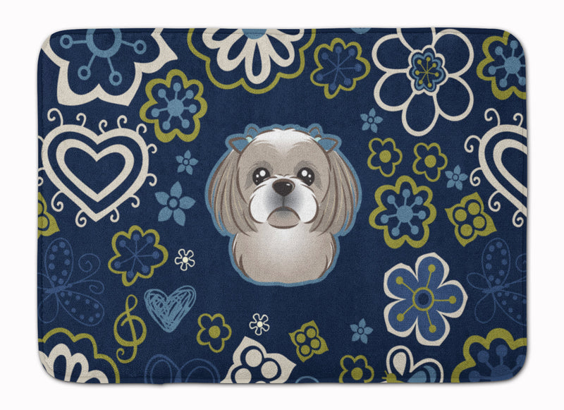 Blue Flowers Gray Silver Shih Tzu Machine Washable Memory Foam Mat BB5101RUG