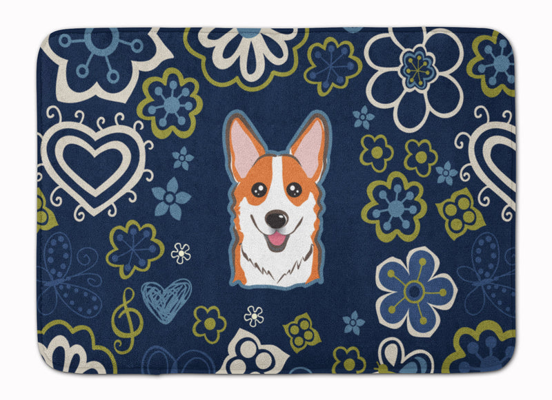 Blue Flowers Red Corgi Machine Washable Memory Foam Mat BB5105RUG