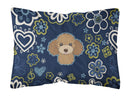 Blue Flowers Chocolate Brown Poodle Canvas Fabric Decorative Pillow BB5107PW1216