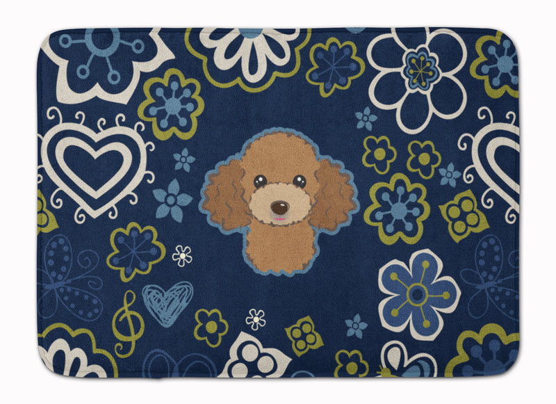 Blue Flowers Chocolate Brown Poodle Machine Washable Memory Foam Mat BB5107RUG