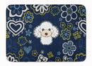 Blue Flowers White Poodle Machine Washable Memory Foam Mat BB5108RUG