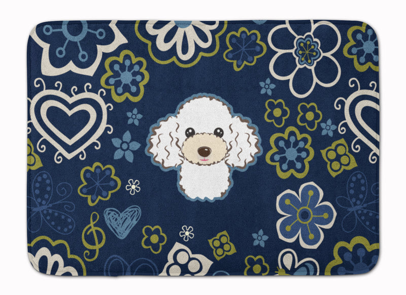 Blue Flowers White Poodle Machine Washable Memory Foam Mat BB5108RUG