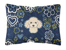 Blue Flowers Buff Poodle Canvas Fabric Decorative Pillow BB5109PW1216