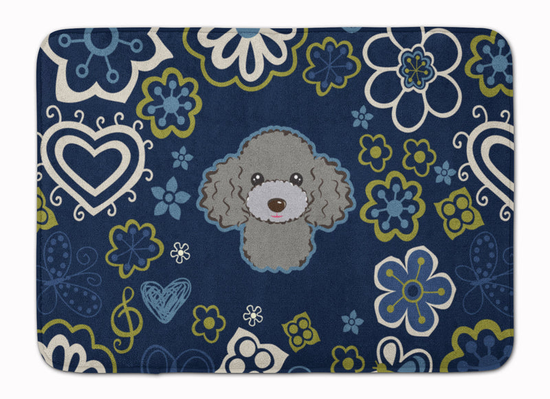 Blue Flowers Silver Gray Poodle Machine Washable Memory Foam Mat BB5110RUG