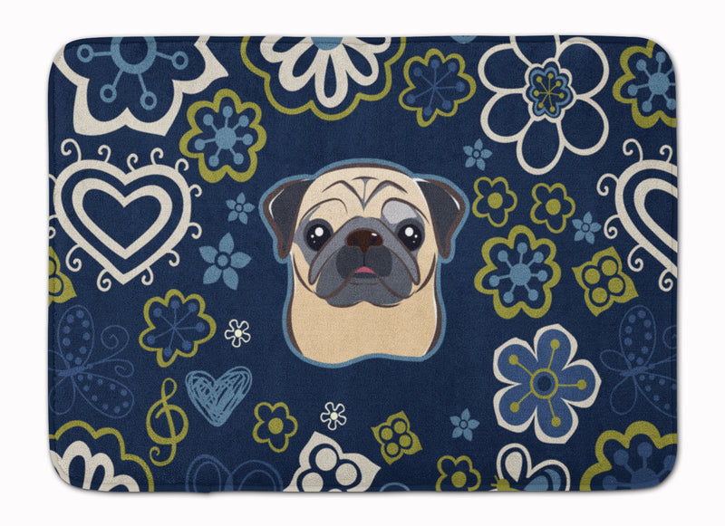 Blue Flowers Fawn Pug Machine Washable Memory Foam Mat BB5113RUG