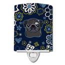 Blue Flowers Black Pug Ceramic Night Light BB5114CNL