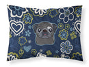 Blue Flowers Black Pug Fabric Standard Pillowcase – Artistic Decorative Front, White Back BB5114PILLOWCASE
