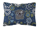 Blue Flowers Black Pug Canvas Fabric Decorative Pillow BB5114PW1216