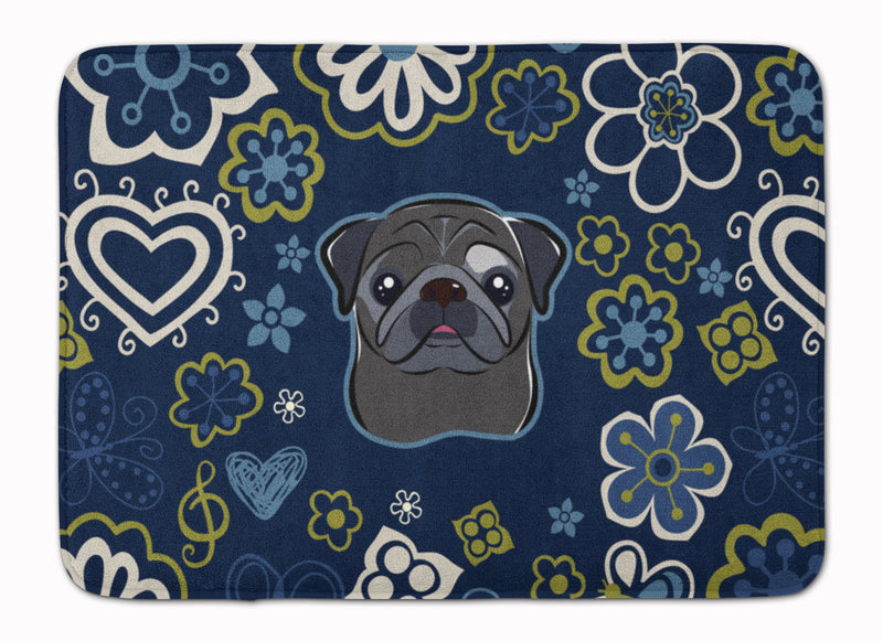 Blue Flowers Black Pug Machine Washable Memory Foam Mat BB5114RUG