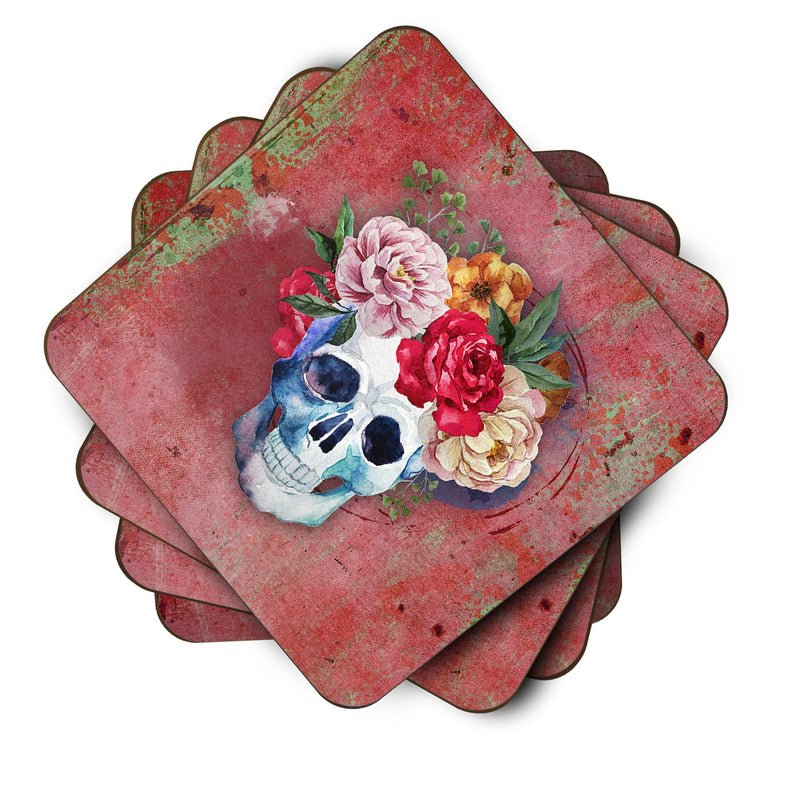 Day of the Dead Red Flowers Skull  Foam Coaster Set of 4 BB5130FC