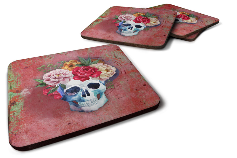 Day of the Dead Red Flowers Skull  Foam Coaster Set of 4 BB5130FC