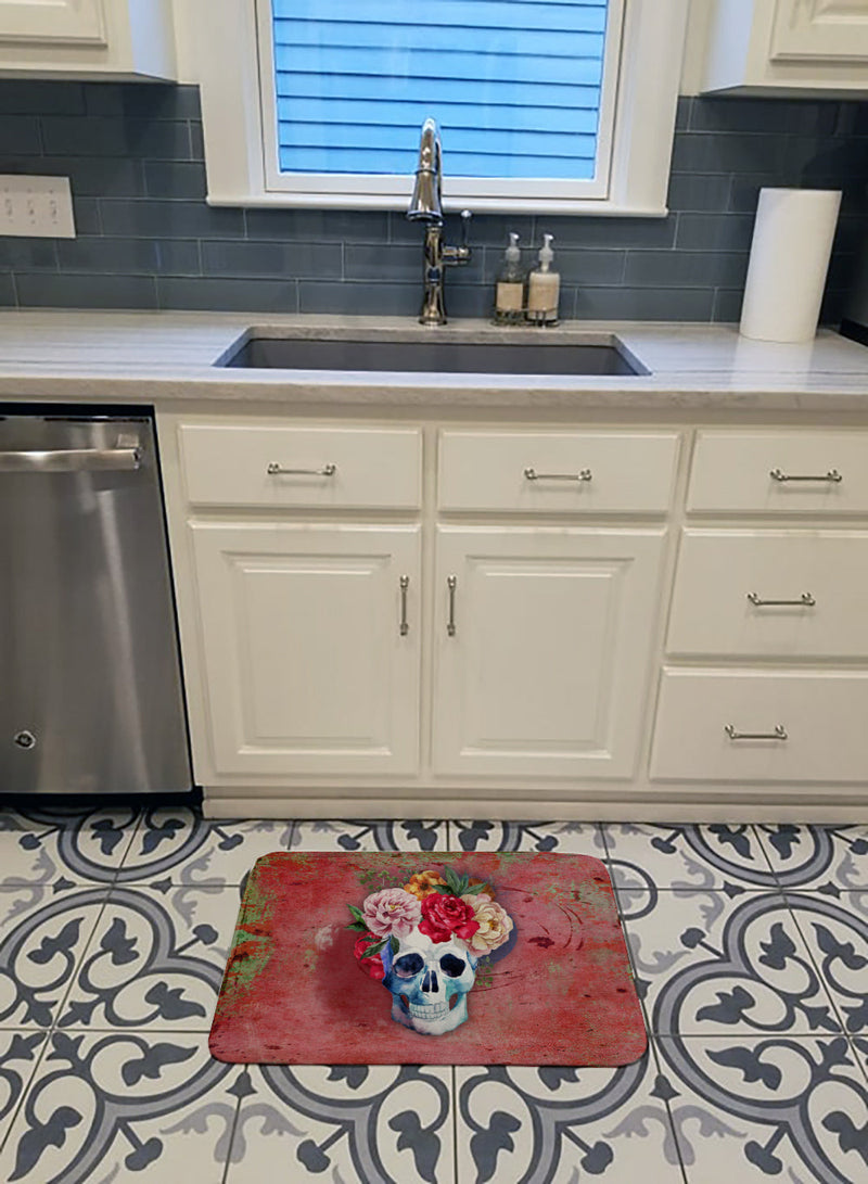 Day of the Dead Red Flowers Skull Machine Washable Memory Foam Mat BB5130RUG