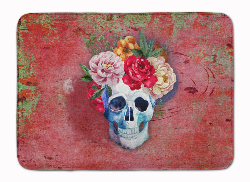 Day of the Dead Red Flowers Skull Machine Washable Memory Foam Mat BB5130RUG