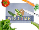 Pekingese Welcome Cutting Board Tempered Glass Kitchen Cutting Surface, Heat Resistant Chopping, Non-Slip Feet, Food Prep & Serving